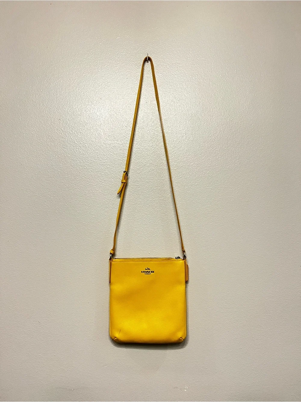 Coach Bright Yellow Leather Slim Crossbody Pouch Silver Tone Details